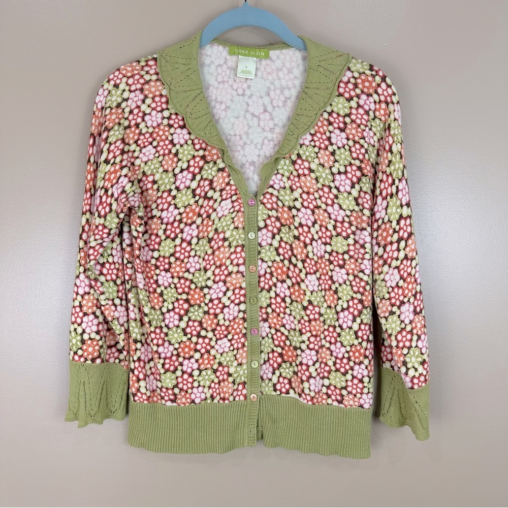 Singrid Olsen Silk Blend Floral Scalloped Lace Knit Cardigan Small Feminine
